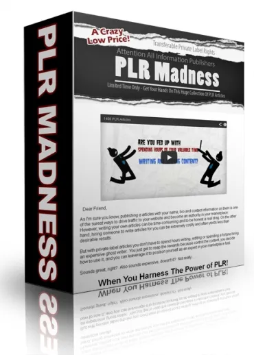 eCover representing PLR Madness 1400 Articles Videos, Tutorials & Courses with Private Label Rights